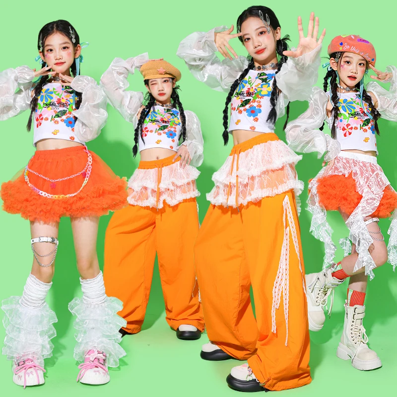 

Детская уличная одежда, джазовые костюмы для девочек, укороченный топ K-pop, рубашка, танцевальные штаны, оранжевые пачки, детский наряд для выступлений, комплекты групповой одежды для девочек