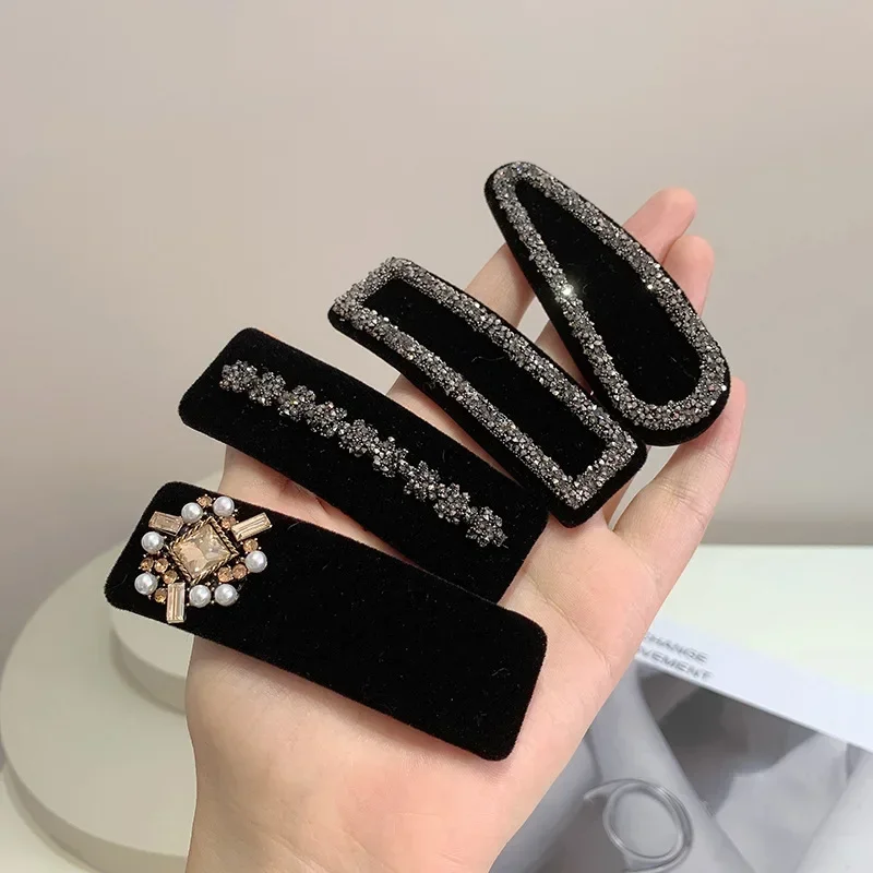 Retro czarne aksamitne spinki do włosów dla kobiet kryształ Rhinestone perła koreańskie kobiece spinki do włosów biżuteria akcesoria dziewczęce