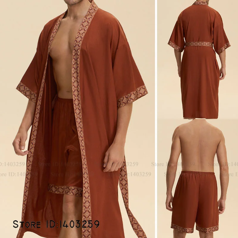 Men's Sleepwear 2PCS Robe Pajamas Set Baroque Style Kimono Bathrobe Gown Homewear Loose Print Silk Satin Night Wear Loungewear