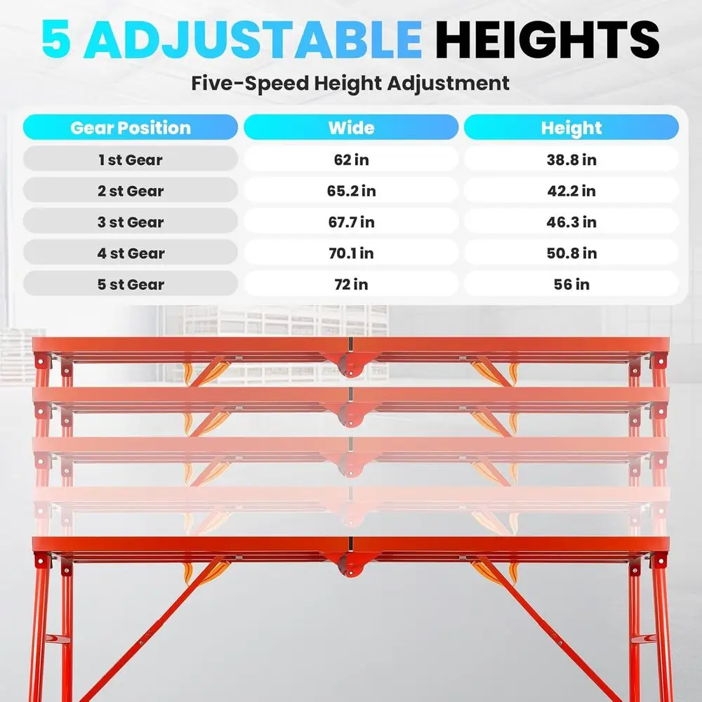 Foldable Scaffolding Platform, Multi-Purpose Work Platform Ladder, 5-Level Height Adjustable Scaffold, 72x17x34-56 Inch Scaffold