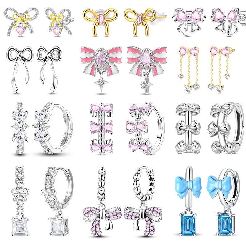 Hot Sales S925 Sterling Silver Hoop Earrings Sparkling CZ Zircon Bow Earrings For Women Fine Birthday Anniversary Jewelry Gifts