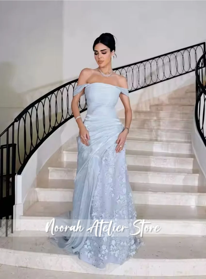 Nuovi abiti da ballo eleganti con spalle scoperte blu cielo Applique in pizzo Guaina personalizzata Abiti da sera Semplice Chiffon Foe Women 2025