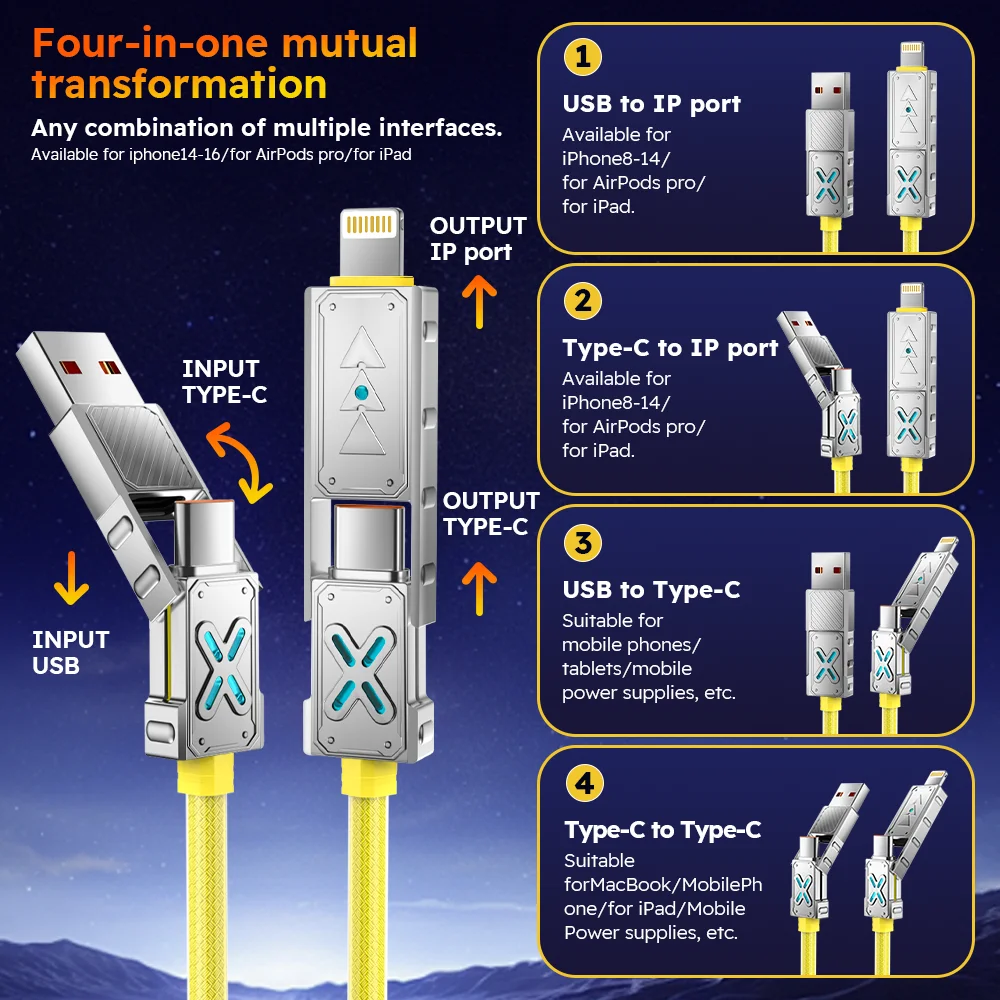 240W 4-in-1 Super Fast Charging Data Cable USB-C To Type-C Zinc Alloy Cable For Iphone Samsung Huawei Xiaomi Multi Port Multiple