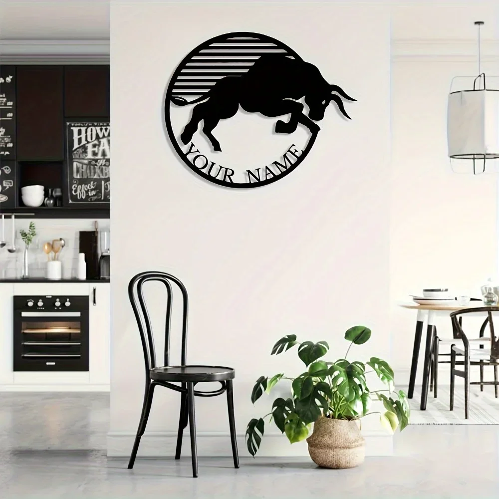 1PC Unique Tailorable Black Metal Bull Wall Art Decorative Plaque Customize with Name Ideal Bohemian Gift Distinctive Wall Deco