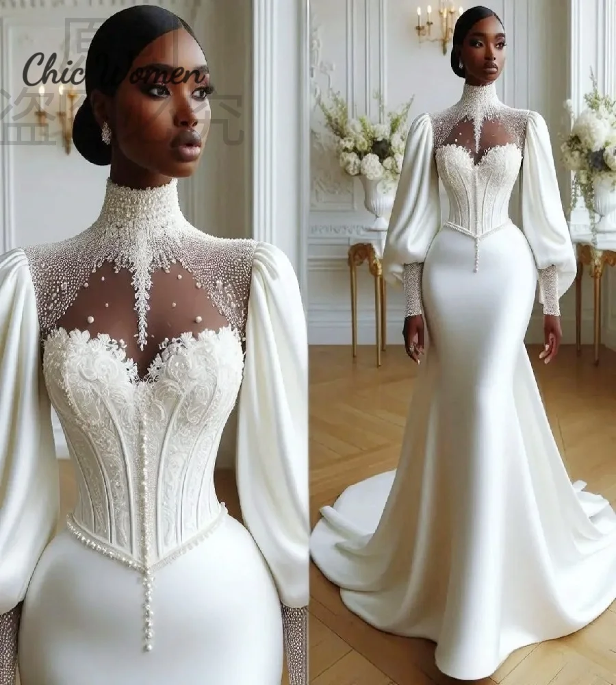 Impressionante vestido de casamento africano aso ebi alta pescoço pérolas sereia vestidos de noiva manga longa cetim boêmio cigano guerra civil noiva