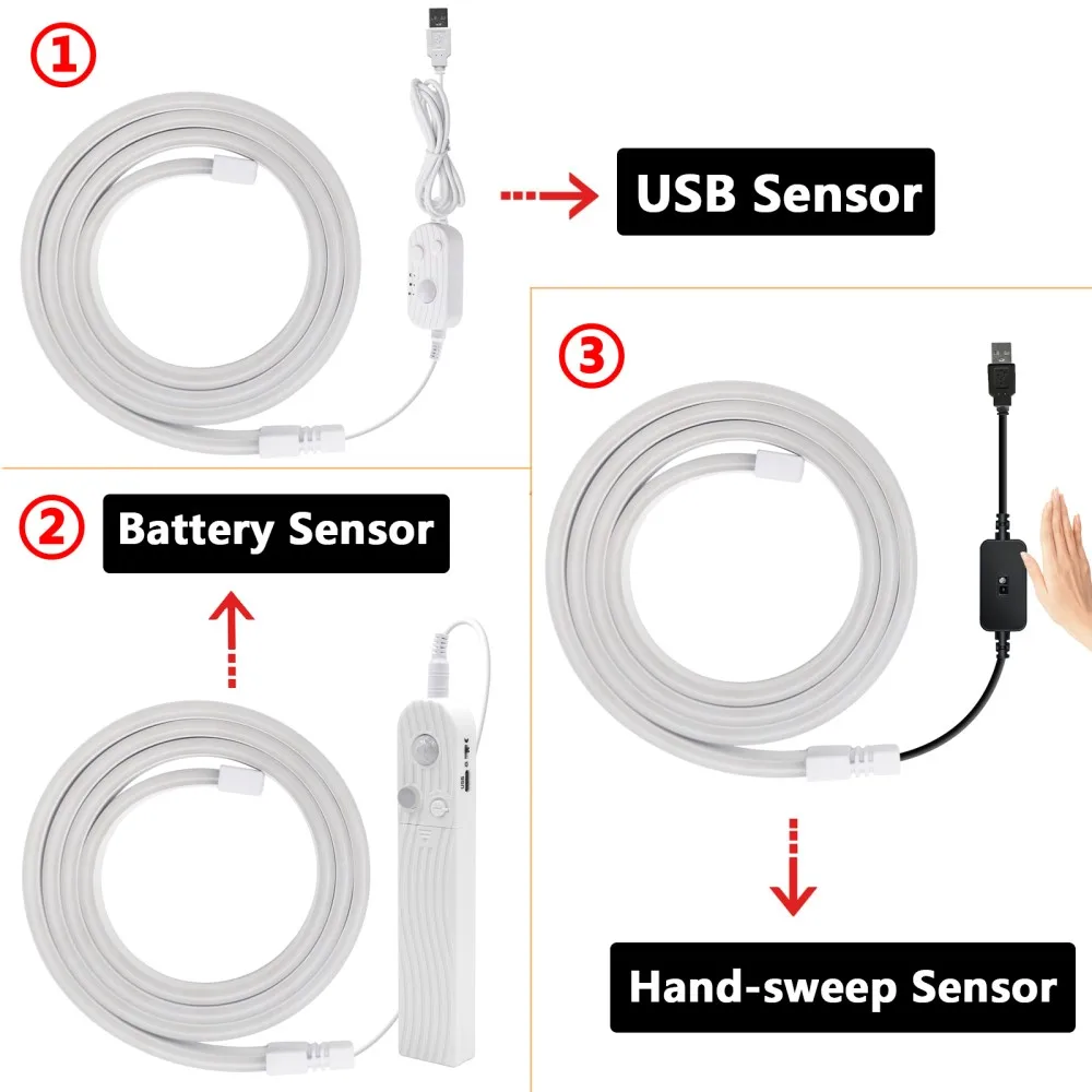 Motion Sensor 5V LED Neon Waterproof USB Battery Power/Hand Sweep Strip Light Flexible Tape 11 Colors for Under Cabinet Kitchen