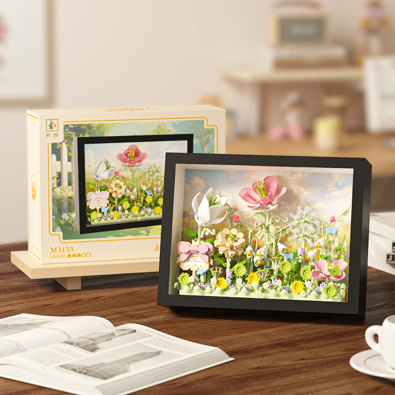 MOC Creatieve Bloemen 3D Frame Bouwstenen Set, DIY Bloemenpuzzel met Achterwand, Wand- & Bureaudecoratie Cadeau voor Meisjes & Kinderen