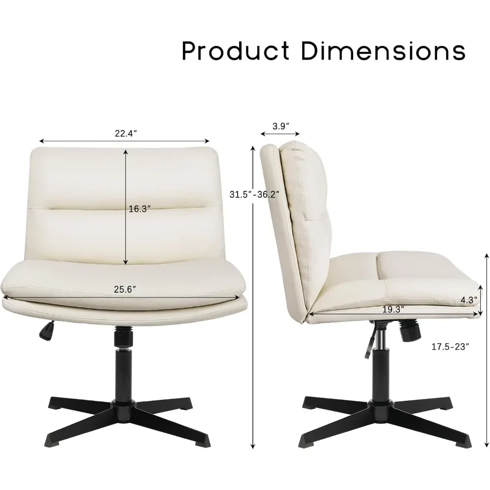 Cross Legged Office Chair,Armless Office Desk Chair No Wheels,PU Leather Modern Swivel Vanity Chair,Height Adjustable Wide Seat