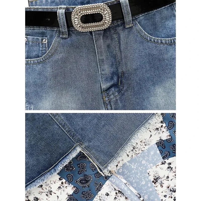 Falda Vaquera Corta Con Volantes Y Cremallera - Azul, Talla L, Estilo Informal Con Costuras Irregulares