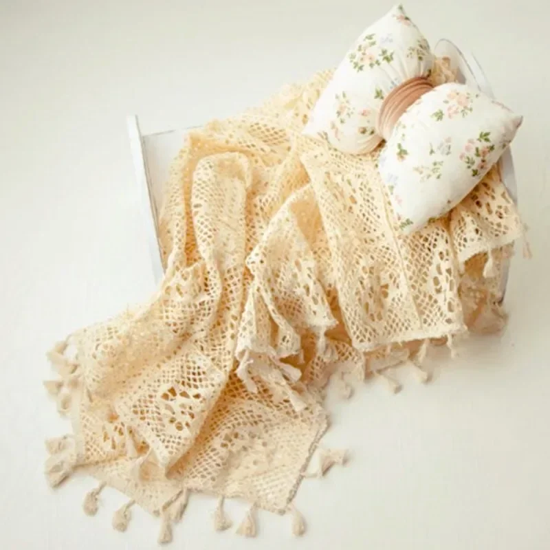 Newborn Photography Props Photography Mat Cotton Hollow Tassel Blanket Fotografia Baby Photo Shoot Wrap Backdrop Beige Swaddle