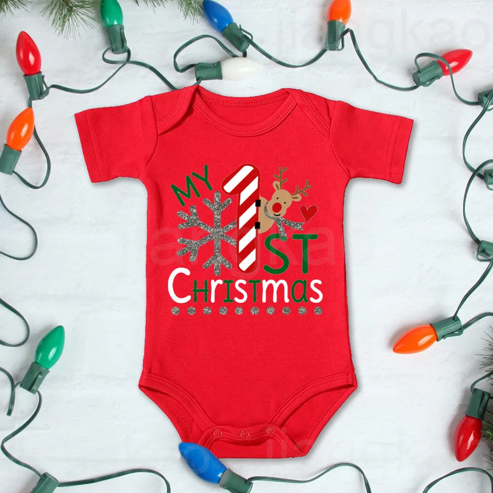 It\'s My 1st Christmas Print Baby Bodysuit Infant Xmas Outfit Romper Newborn Cotton Short Sleeve Jumpsuit Toddler Baptism Clothes