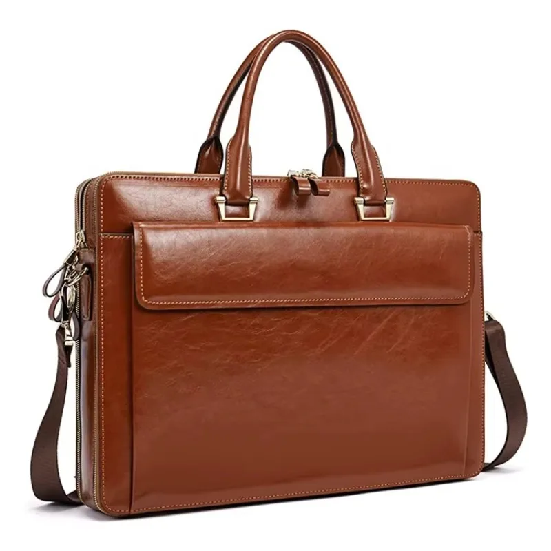 Top cowhide leather luxury large briefcase men's handbag laptop business messenger bag