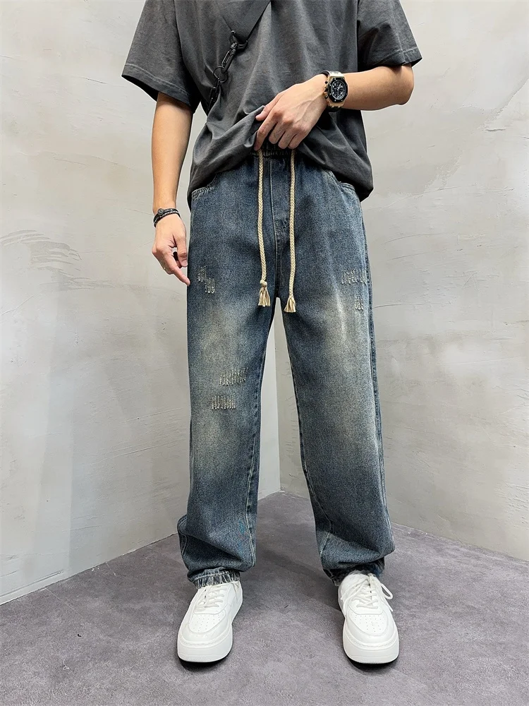

Retro American Waed Jeans Men's Summer Thin Faion Brand Wide Leg Loose Straight Casual Elastic Waist Long Pants