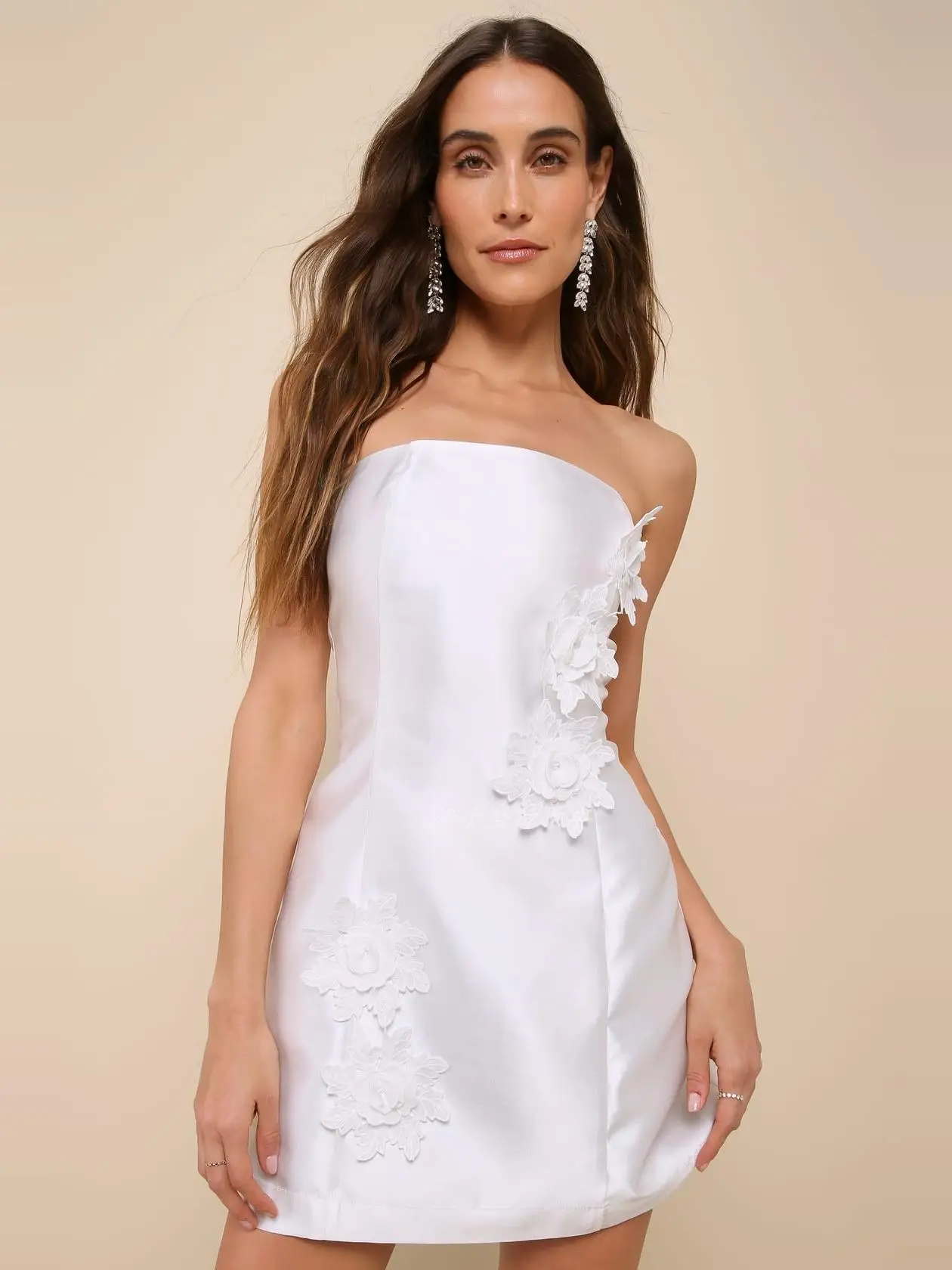 

White Floral Strapless Dress with Waist Cinching for Party And Wedding Ceremony 3D Decoration Ins Style Polyester Fiber