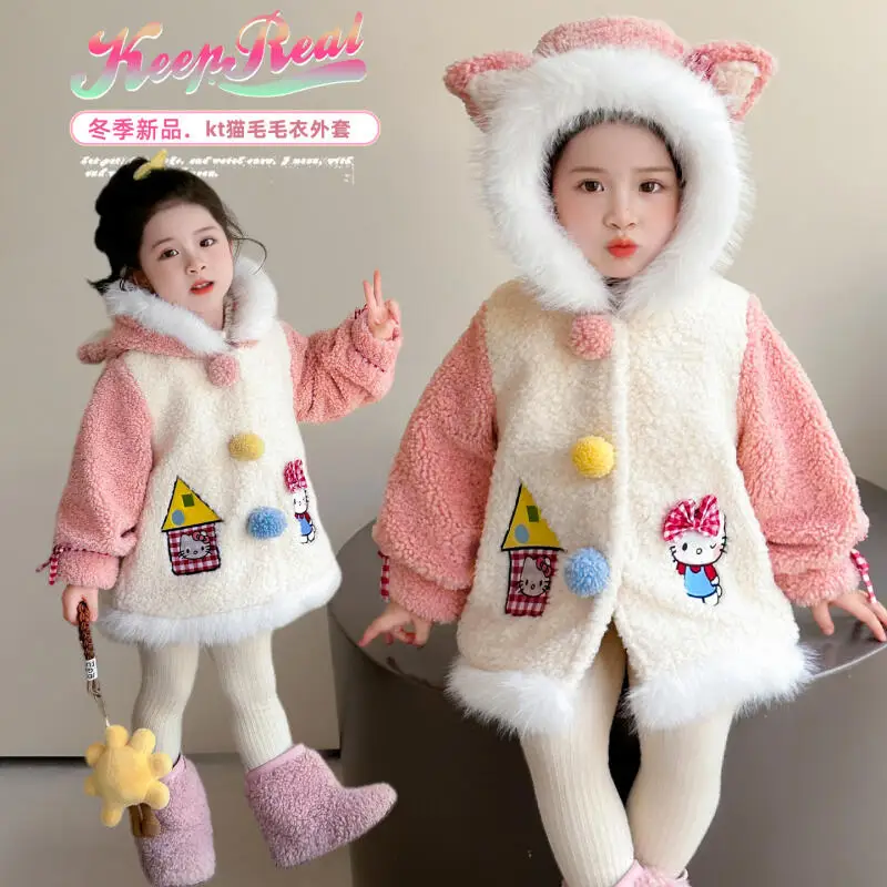 

Sanrio Hello Kitty Girls' Cashmere Jacket Winter Clothes 2025 New Children's Cotton Clothes Girls Thickened Woolen Sweaters