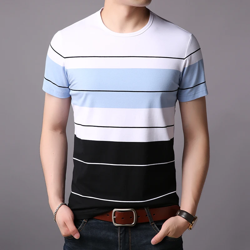 Colorful Striped O-Neck T Shirt For Men Short Sleeve Slim Fit Summer Quality Cotton Comfortable Breathable Casual Tees Camisetas
