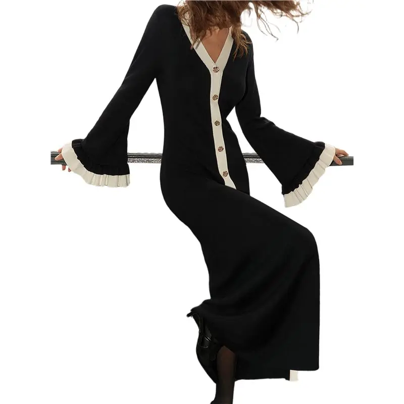 CYL-Women's Bell Sleeve Midi Sweater Dress Fall V-Neck Color Block Bodycon فساتين متماسكة #1