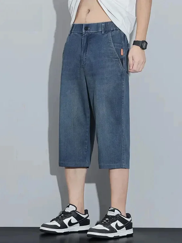 

Летние тонкие джинсовые брюки из ледяного шелка для мужчин, модные прямые штаны до колена, повседневные, для отдыха