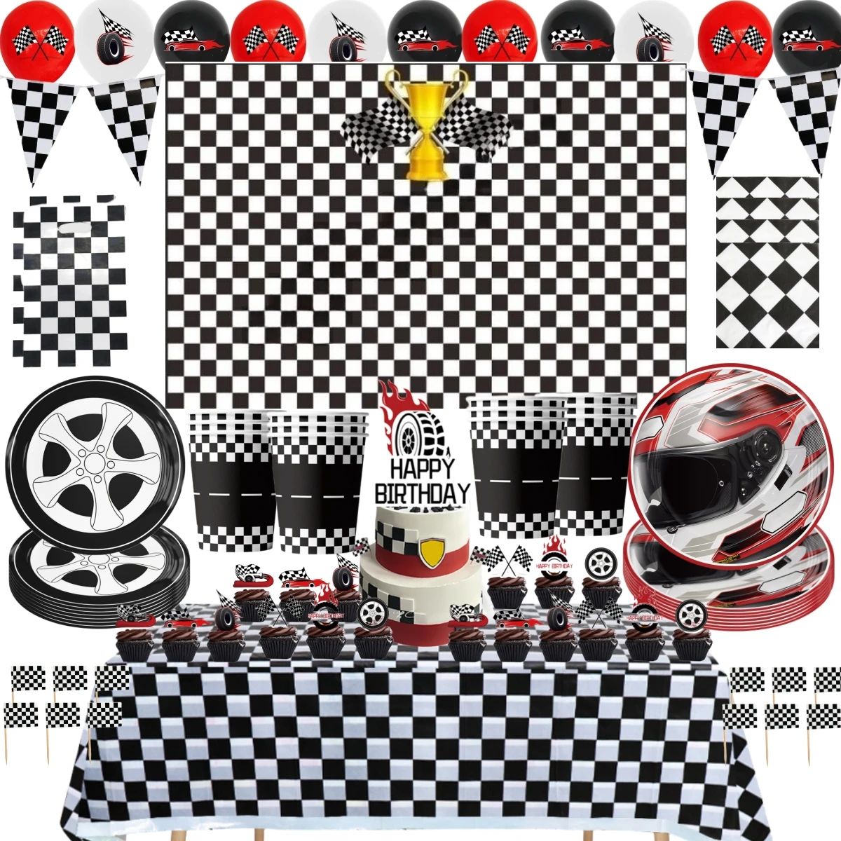 Black White Racing Car Birthday Party Supplies Disposable Tableware Cup Flag Latex Balloon Baby Shower Race Car Cake Decorations