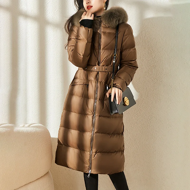 

New Winter Coat Women Fox Fur Collar 90% White Duck Down Jacket with Belt Waist Slimming Thickening Warm Long Overcoat