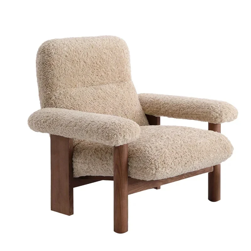 A Medieval leisure chair living room designer retro lamb wool ash wood single sofa