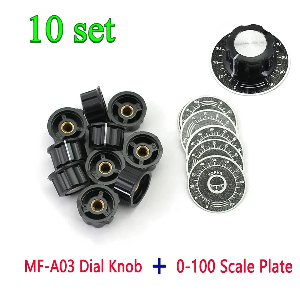 10 set MF-A03 Dial Knob+0-100 Scale Plate Potentiometer Knob kit MF-A03 Bakelite Knob With Scale Plate Sheet Scale Digital