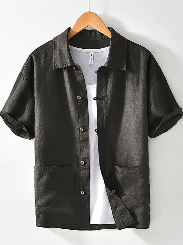 

New Chinese Style Linen Short Sleeve Shirt Men Summer Thin Pure Linen Material Casual Loose Collar Trendy Breathable Shirt