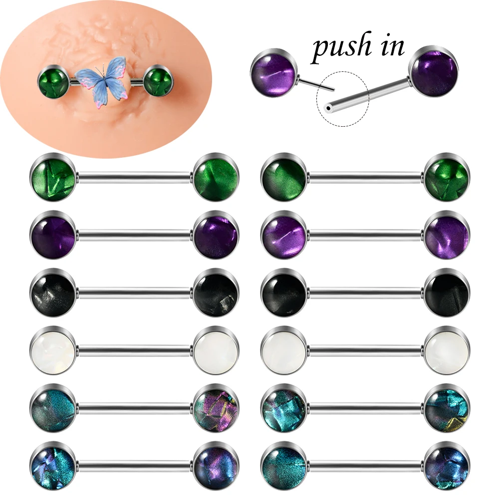 Pair Surgical Steel Push-in Nipple Piercing For Women Breast Nipple Rings Shell Cute Straight Barbell Rings Piercing Jewelry 14G