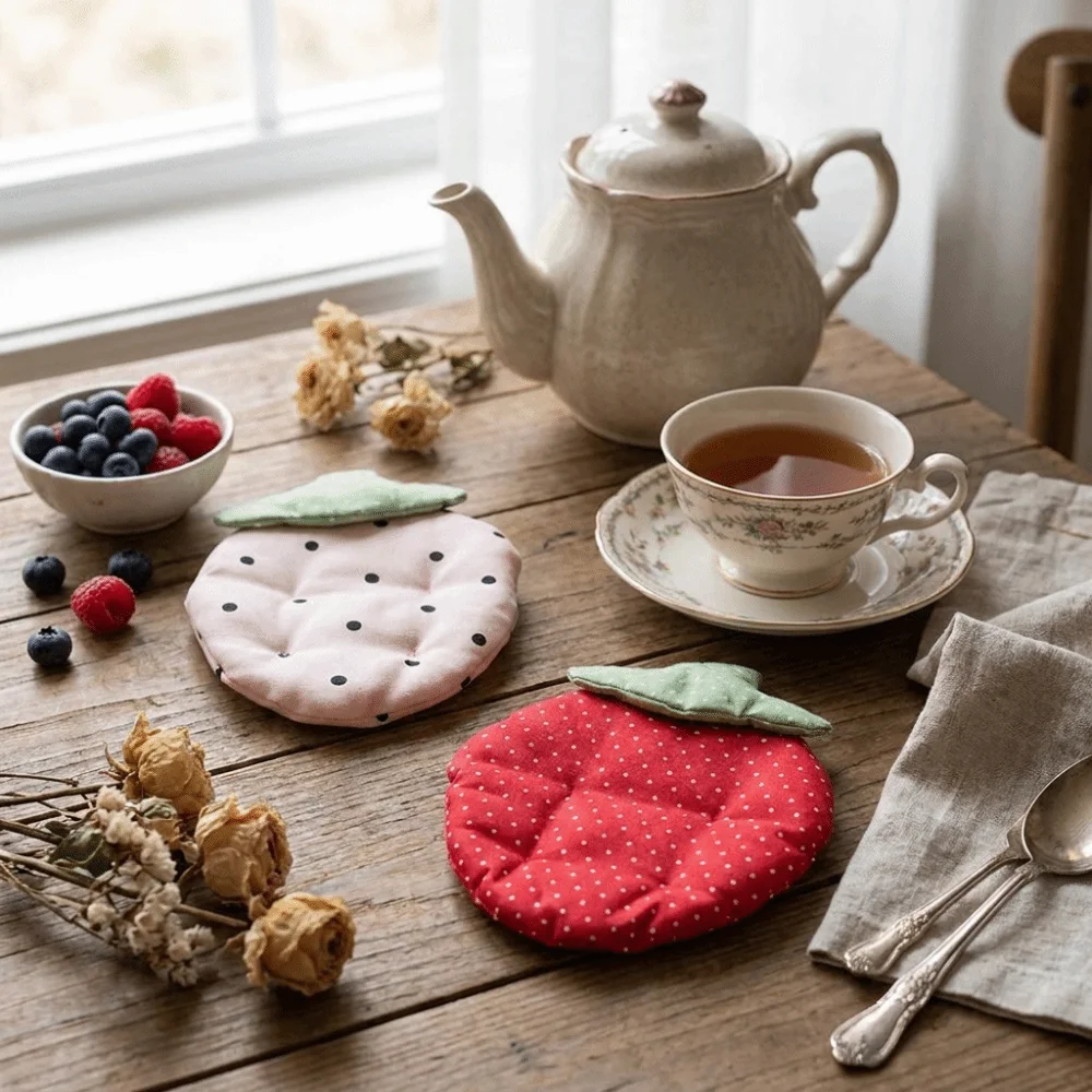 Polka Dot Strawberry Coaster Kawaii Heat Resistant Anti-Scalding Mat Washable Korean-Style Fabric Coaster Desktop Decoration