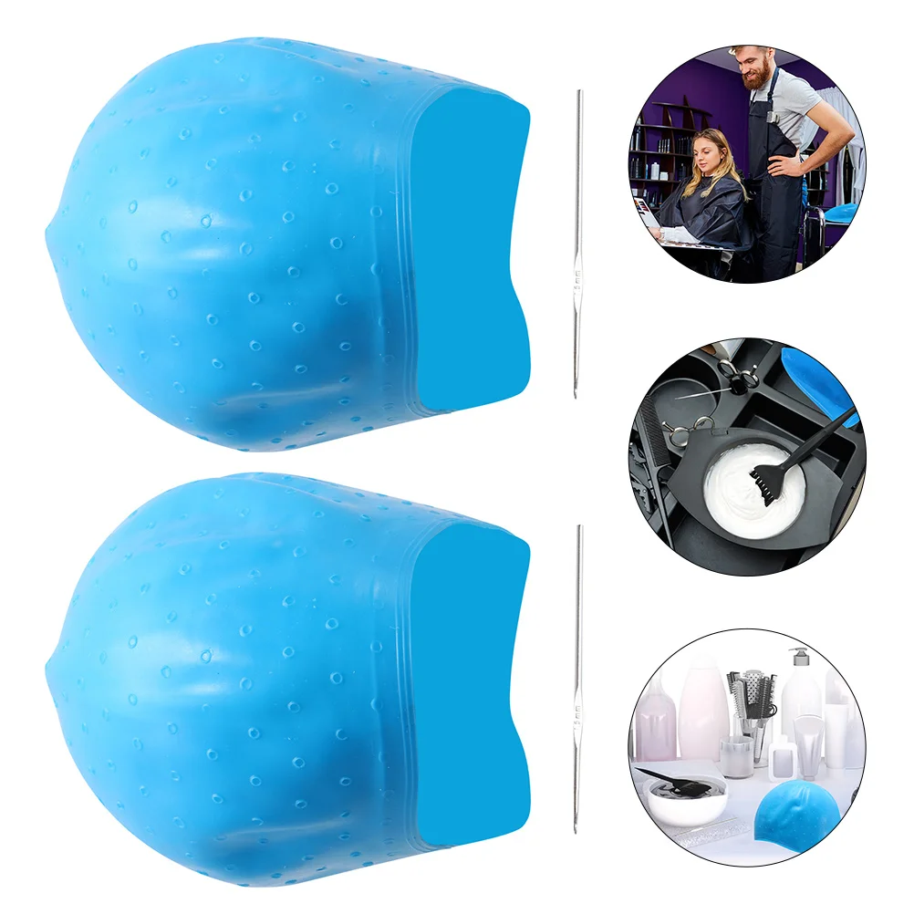 

2 Sets Hair Coloring Highlighting Caps Reusable Silicone Dyeing Hats Crochet Hooks Home Salon Easy Clean Round Holes Prevent