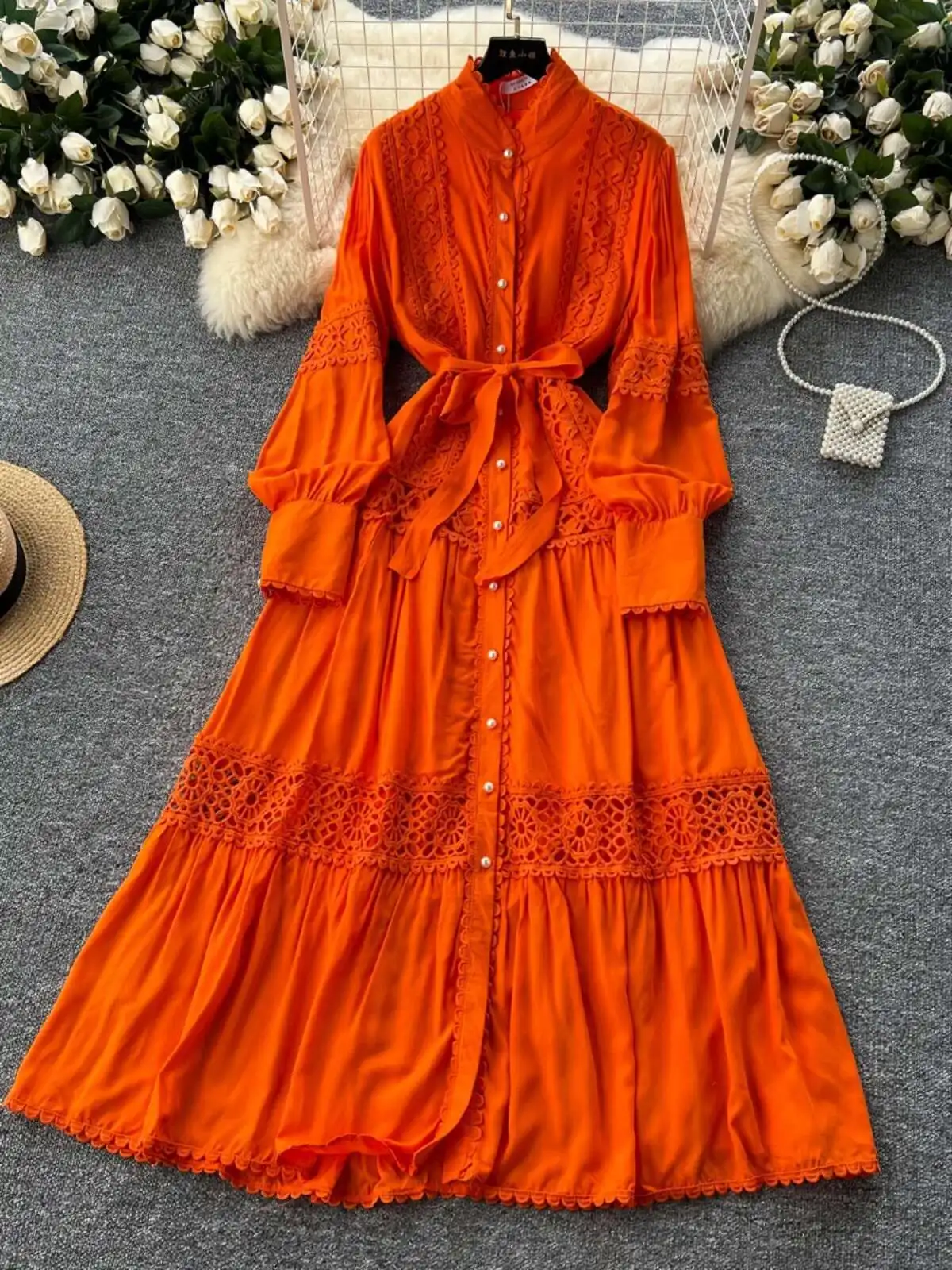 knee length dresses for ladies Tangerine Long Sleeve Maxi Dress