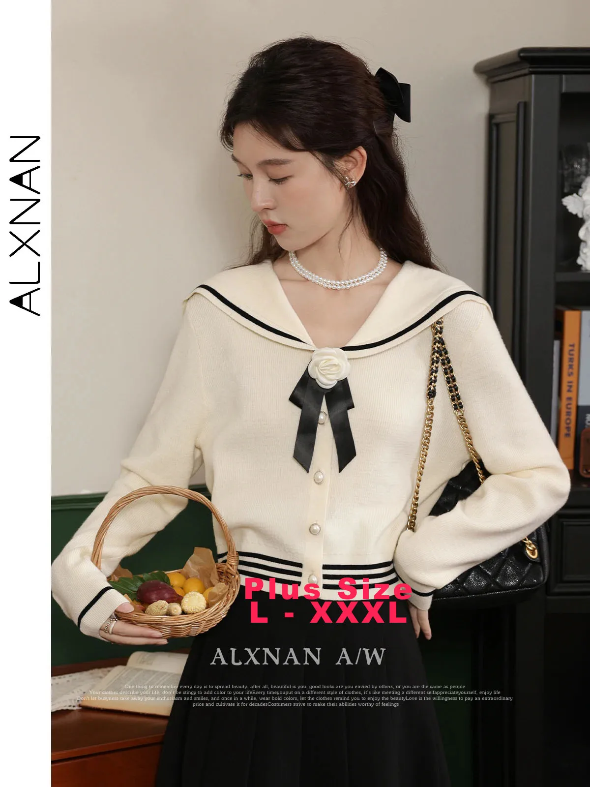 

ALXNAN Plus Size Women Knitted Cardigans Sailor Collar Removable Rose Bow Pearl Button Sweater Female Autumn Winter Tops DM00105