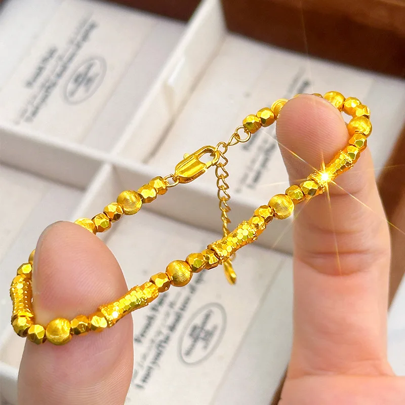 9999 gold dazzling cnc ice-crushed ice bamboo joint brushed cat-eye dancing bracelet with beads