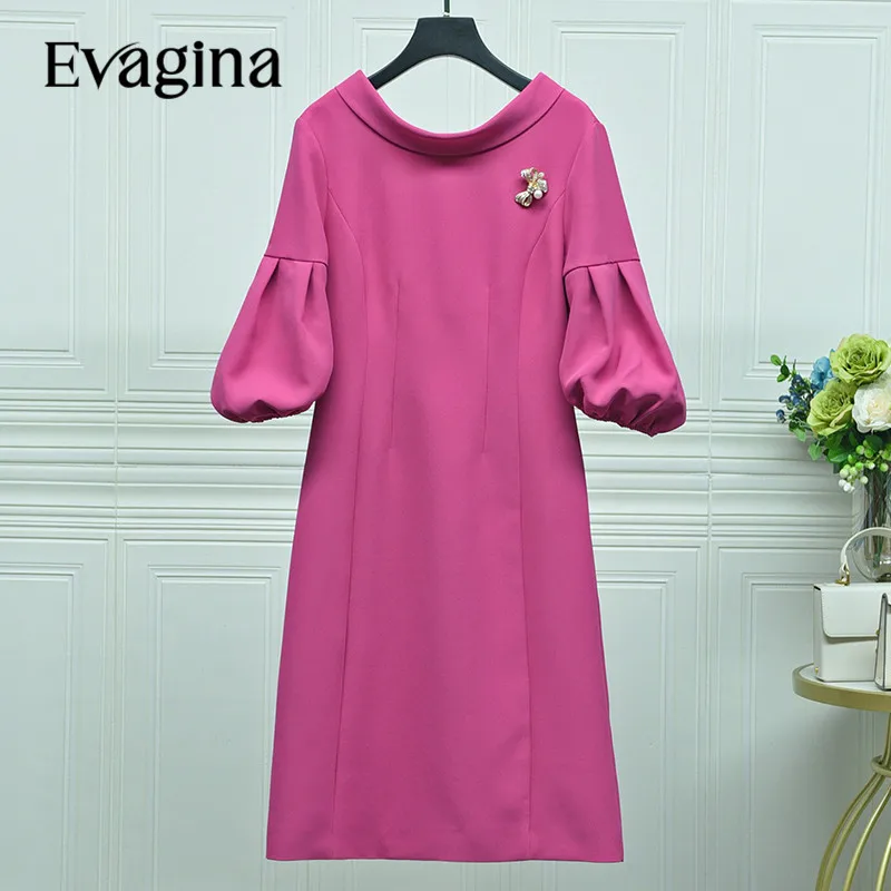 Evagina High Quality Fashion Designer Autumn Dress Women's Round Collar Puff Sleeves Breastpin Slim Office Lady Midi Dresses