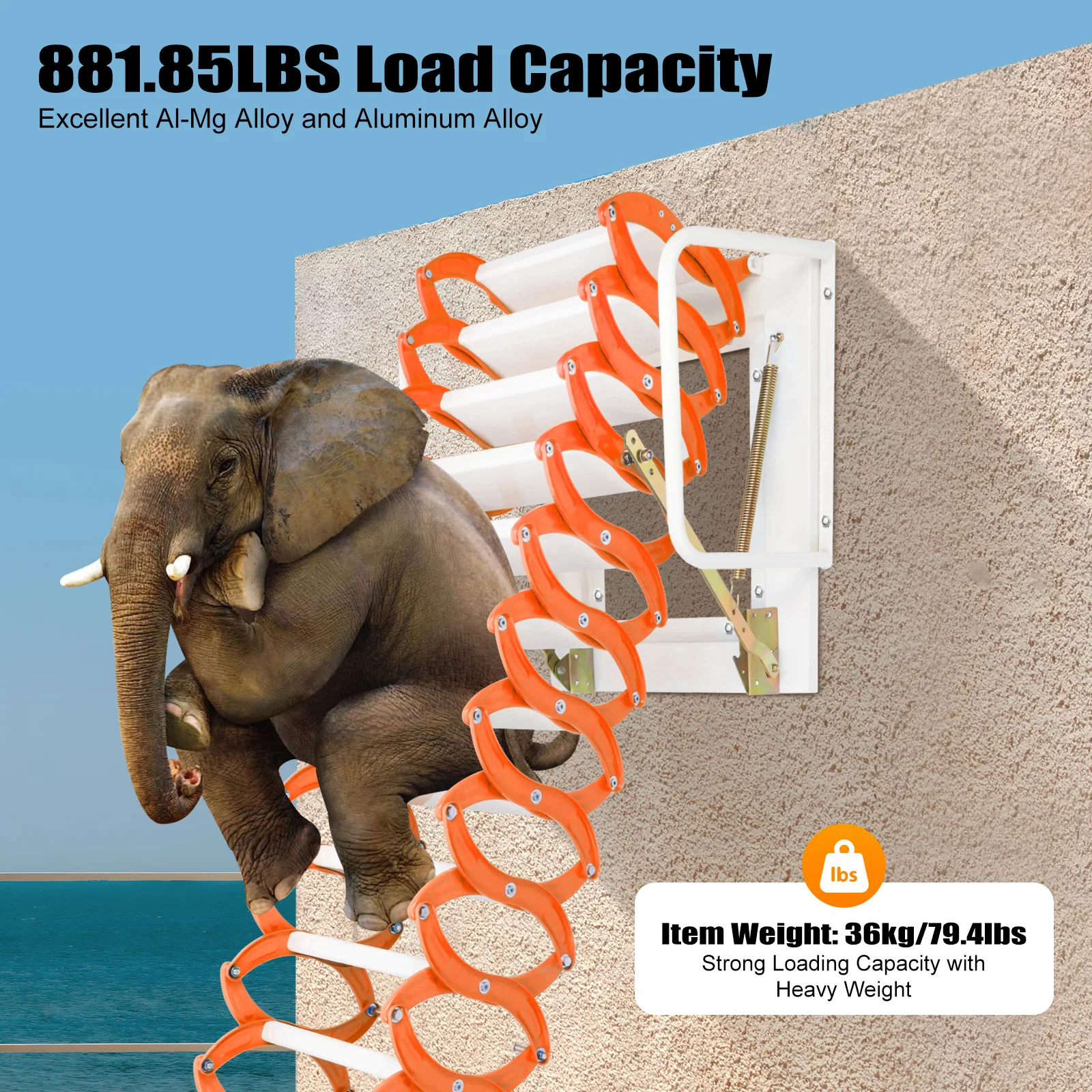 Orange White Folding Attic Ladder 12 Steps 400kg Load Wall Mounted Retractable Loft Ladder for Home Garage Storage