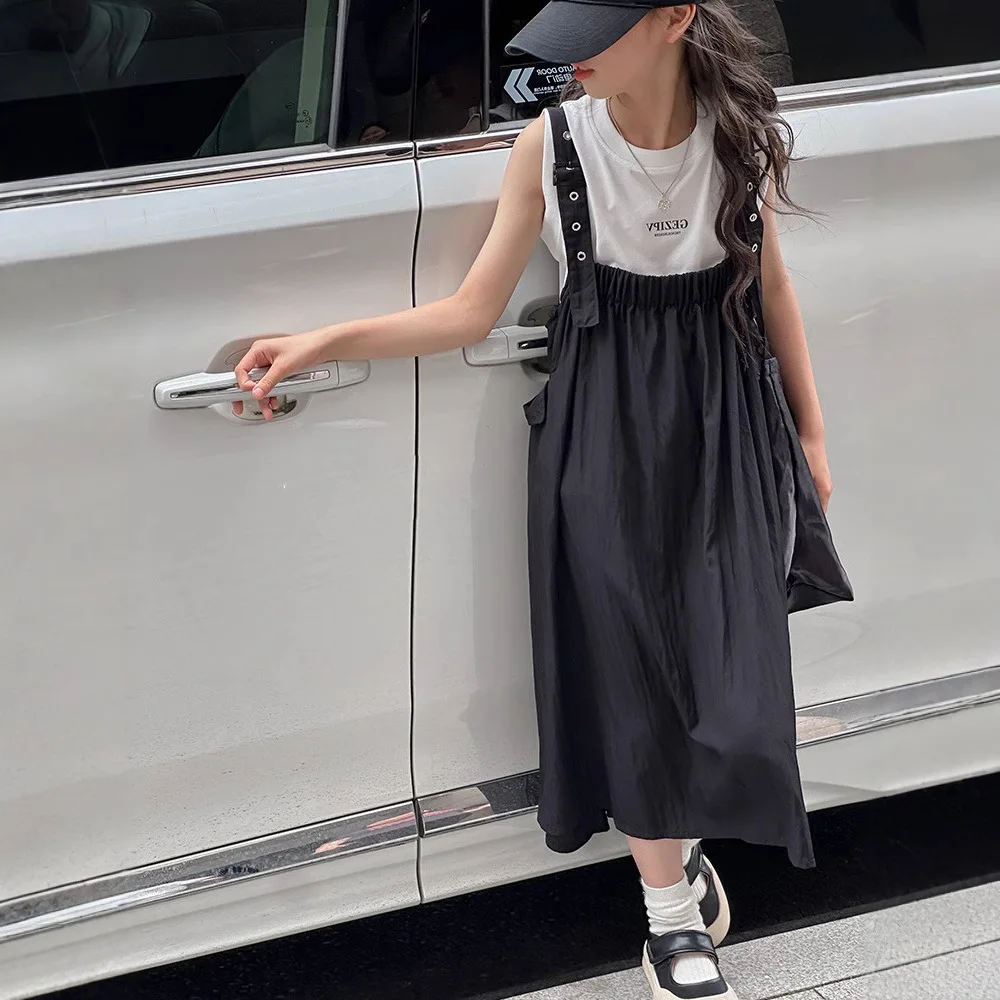 

Летний детский комплект одежды из 2 предметов для девочек, хлопковая футболка без рукавов с круглым воротником + платье на бретелях, детская одежда для девочек, костюмы для маленьких девочек