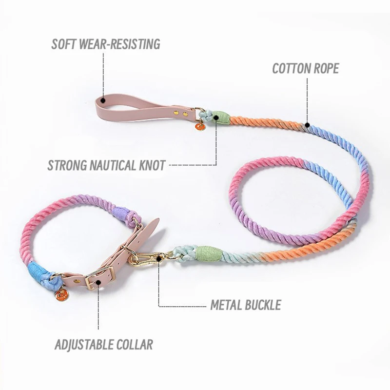 Colorful Dog Cat Collar Handmade Braided Cotton Leather Traction Rope Necklace Set For Pet Accessories New Year Gift Selection