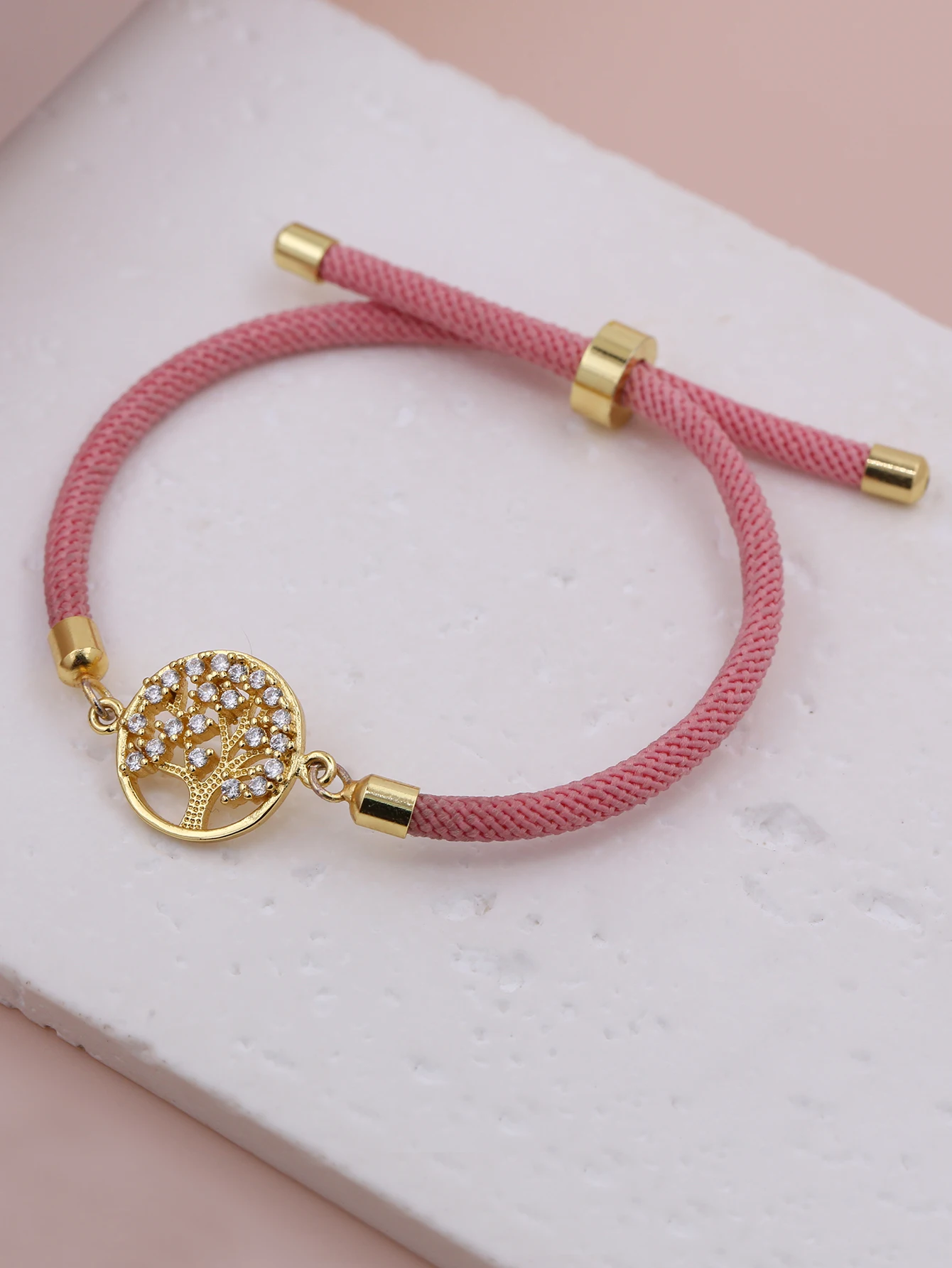 Pink Black Red Bracelet Sweet Cute White Zircon Plated Gold Copper Round Life Tree Adjustable Push Pull Bracelet Jewelry