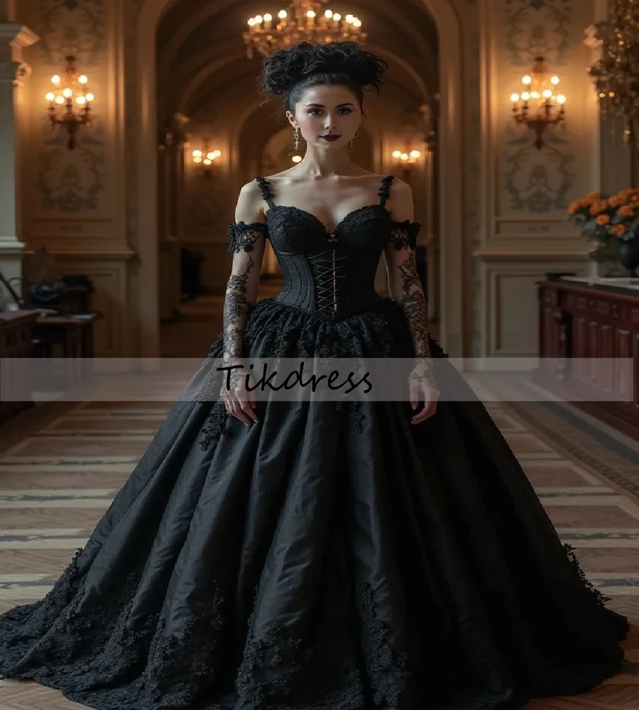 

Charming Black Prom Dress 2025 Lace Long Sleeve Corset Front Gothic Evening Dress Elegant Steampunk Formal Party Gown Customized