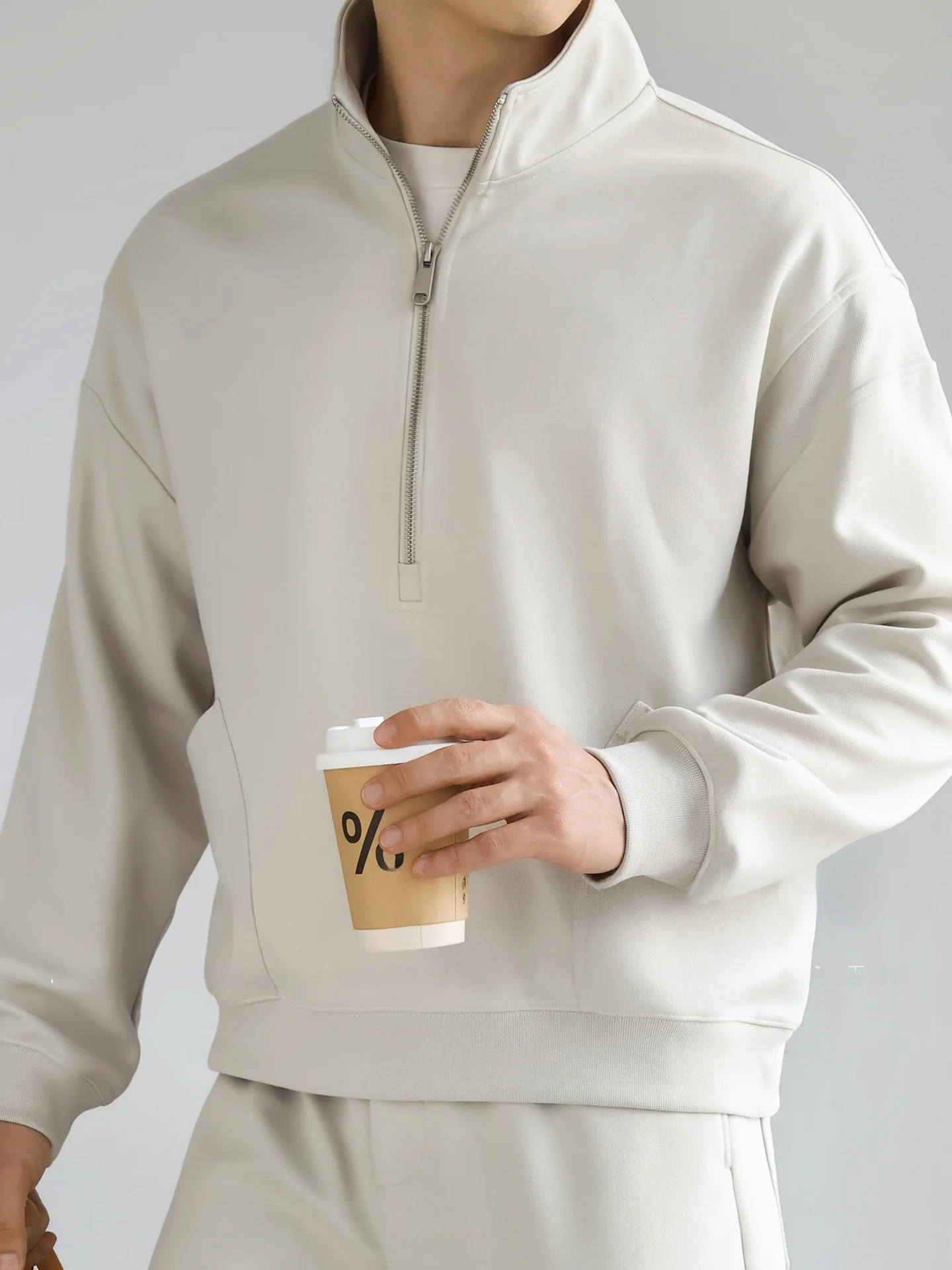 American Style Heavyweight Long Velvet Cotton Half Zipper Stand Collar Sweatshirt Men's Casual Commute Long Sleeve Jacket