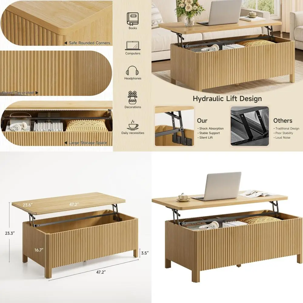 

Современный журнальный столик с скрытым отделением для хранения, из натурального дуба, для гостиной и домашнего офиса, с закругленными краями