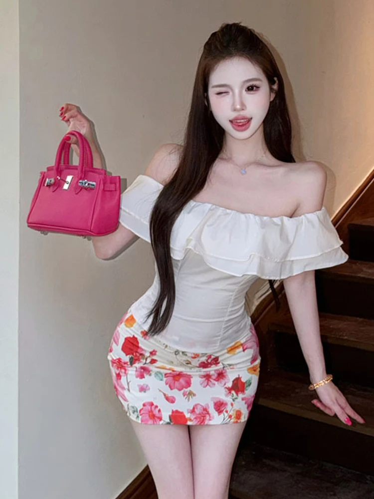 

Pure Desire Style Ruffle Sleeve Short Shirt Top And Bodycon Skirt Set Vintage Floral Print One Shoulder Design Sexy Summer Ou...