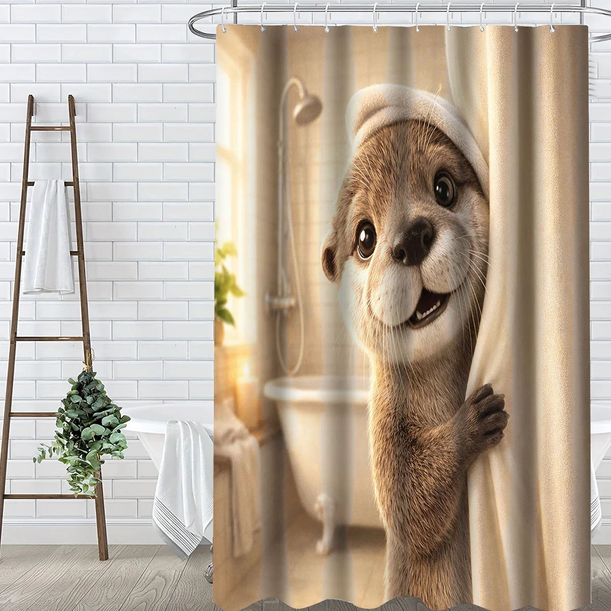 Cute Cartoon Beaver Family Shower Curtain Waterproof Novelty Animal Print Bathroom Decor Kids Shower Liner Stall Curtain Gift