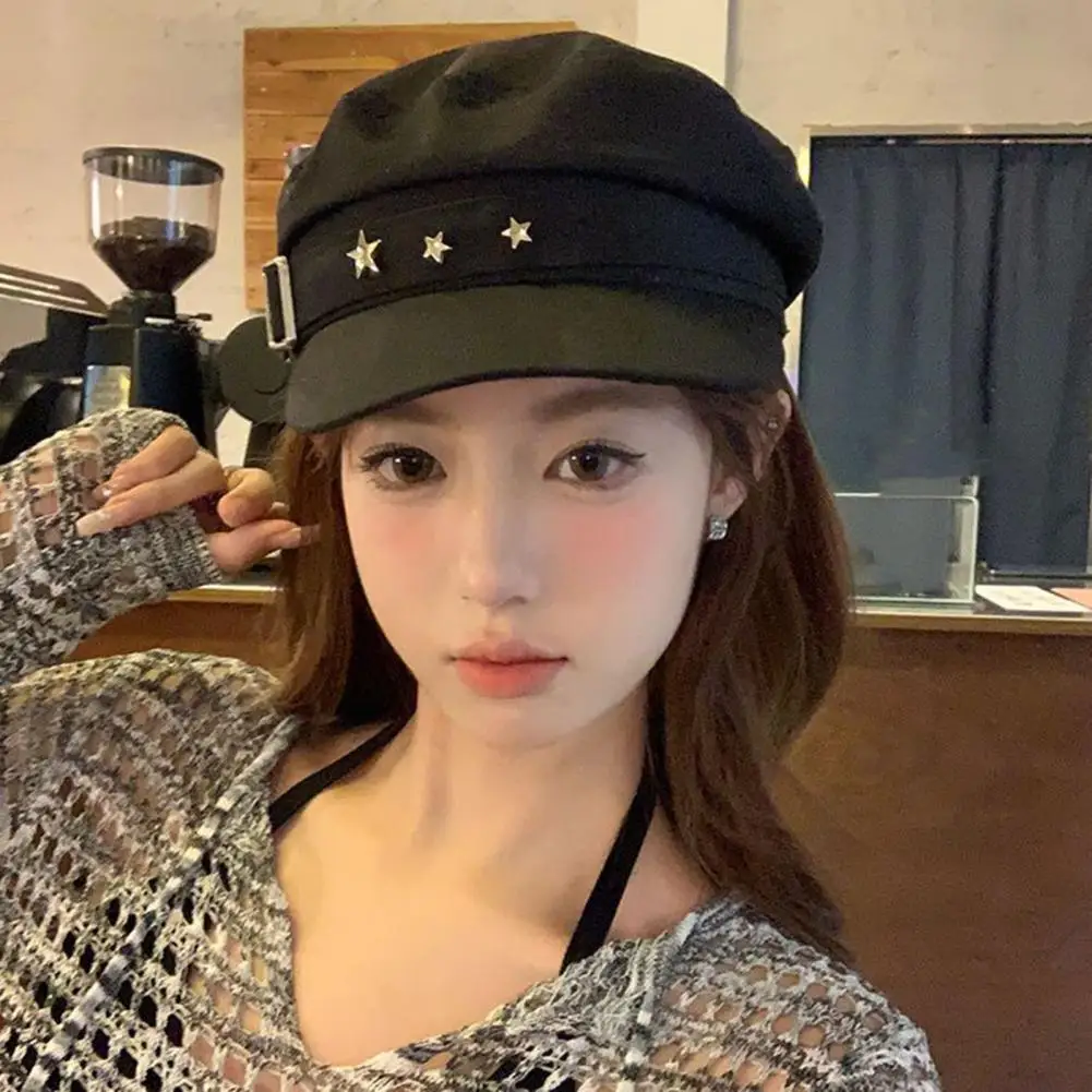 Women Beret Hat Stylish Women\'s Extended Brim Beret Hat with Star Decor Adjustable Newsboy Hat for Outdoor Streetwear Fashion