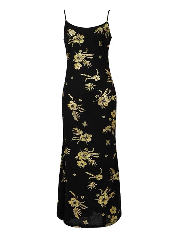 Nieuwe Retro Zwarte Bloemenprint Elegante Luxe Fishtail Lange Jurk Vrouwen Mujer Sexy Sling Slim Gewaad Feest Verjaardag Vestidos Fiesta