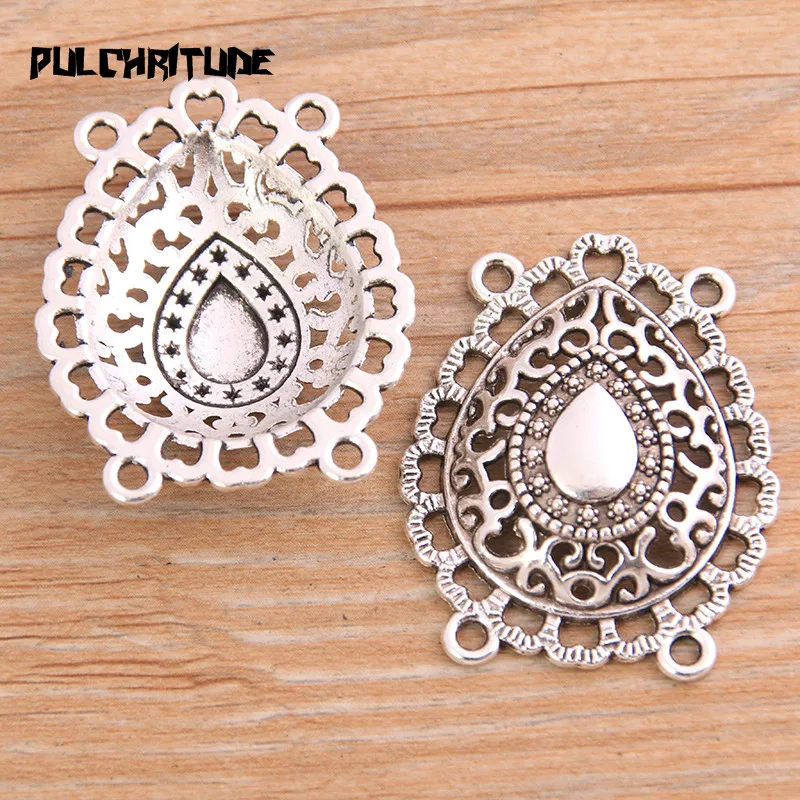 PULCHRITUDE 4pcs 31*39mm Retro Two Color Zinc Alloy Hollow Waterdrop Pendants Connectors Linker For DIY Charm Jewelry Accessorie