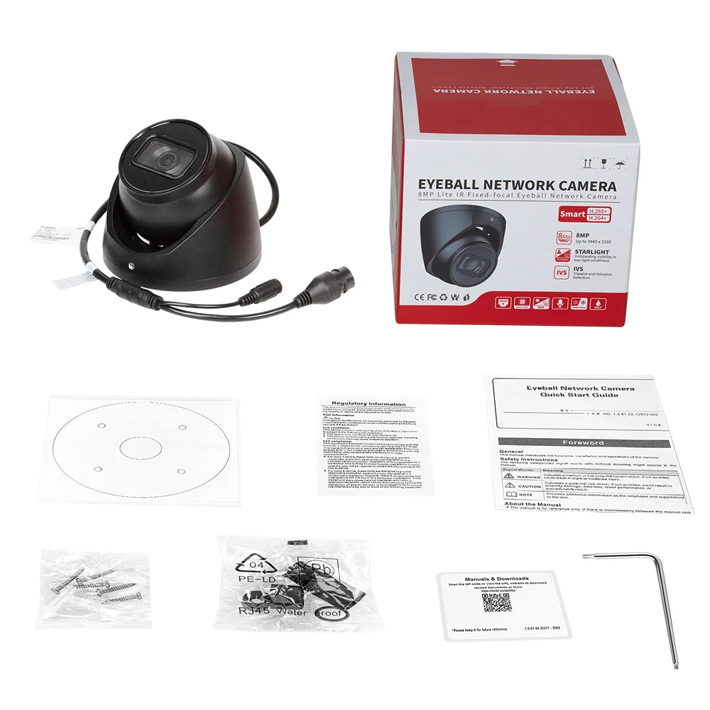 

Черная IP-камера Dahua 8MP 4K POE Turret Eyeball с микрофоном, SMD-датчиком обнаружения людей и транспортных средств, ИК-подсветкой до 30 м, Smart H.265+, слотом для SD-карты