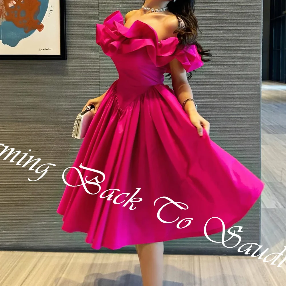 Customized Exquisite Pleat Ruffles Boat Neck Tea Length A-Line Prom Gowns Satin Custom Made Off the Shoulder Girdling Draped فسا