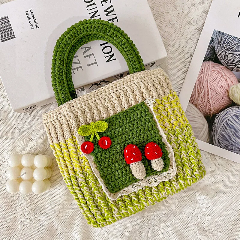 Handmade Mushroom Handbag Woolen Knitted Double Straps Women's Cute Bag Finished Crochet Retro Gift for Best Friend's Birthday