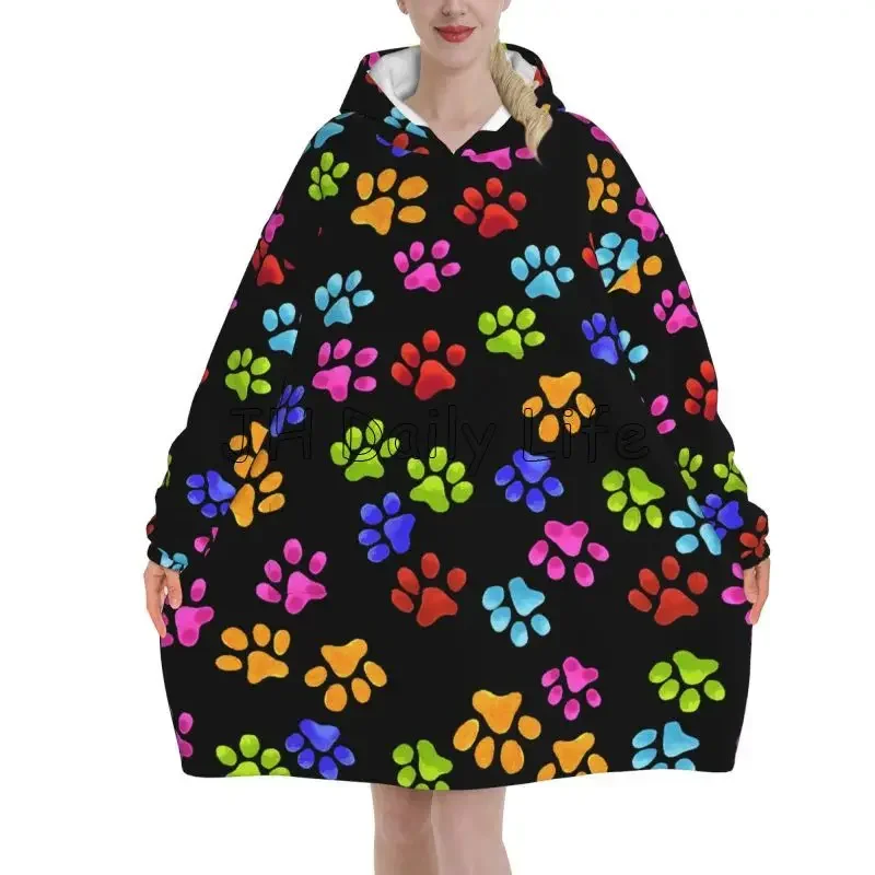 Dog Paw Print Wearable Blanket Hoodie Oversized Sweatshirt Soft Fleece Sherpa Blanket with Pockets Cute Birthday Gifts for Women